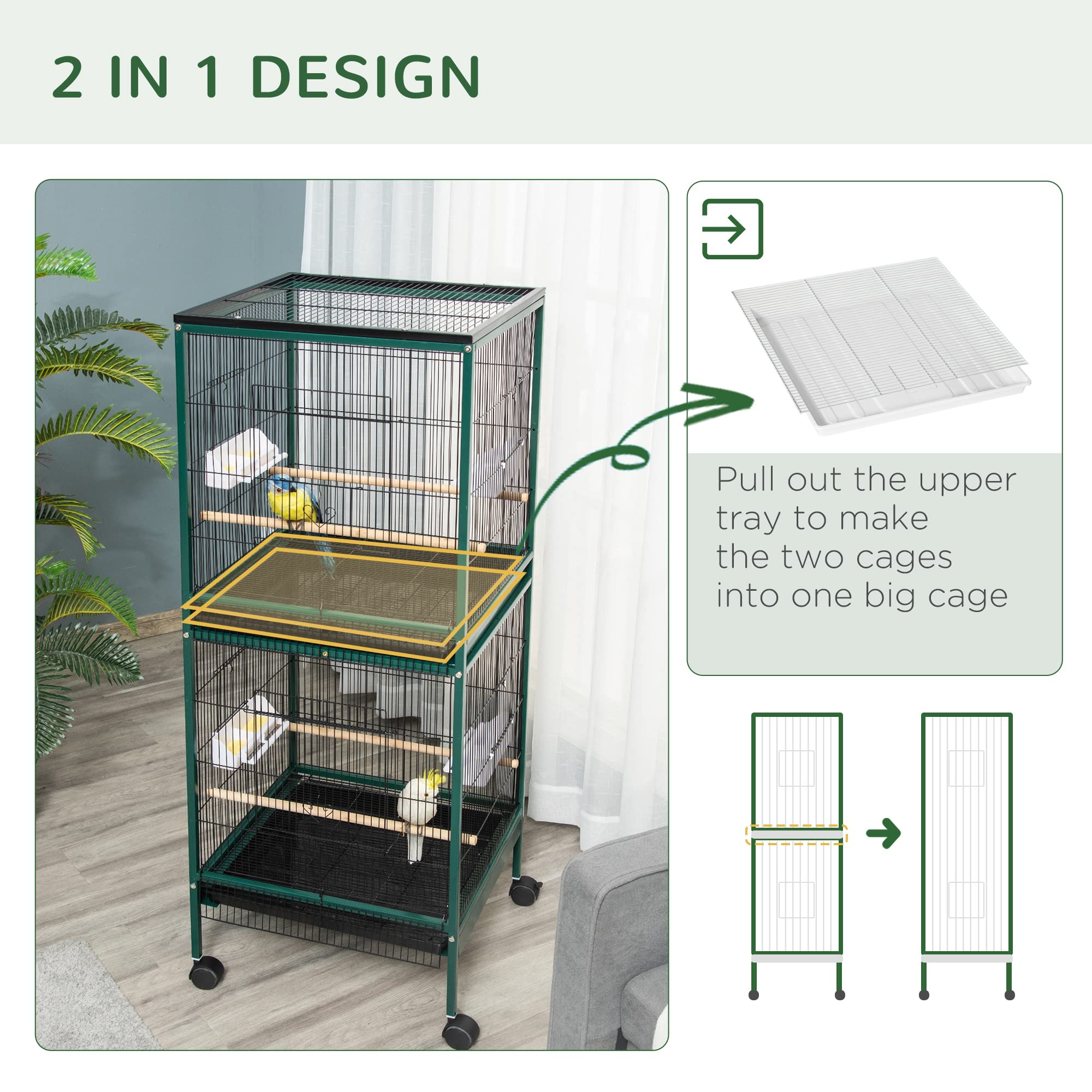 PawHut Large Bird Cage with 1.7 ft. Width for Wingspan, Bird Aviary Indoor with Multi-Door Design, Fit for a Canary, Finch, Conu